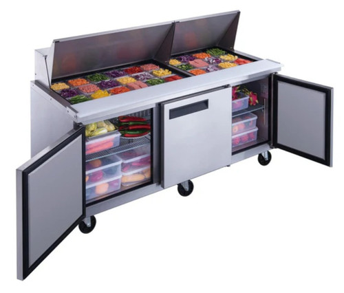 Dukers 3-Door Commercial Food Prep Table Refrigerator in Stainless Steel with Mega Top DSP72-30M-S3