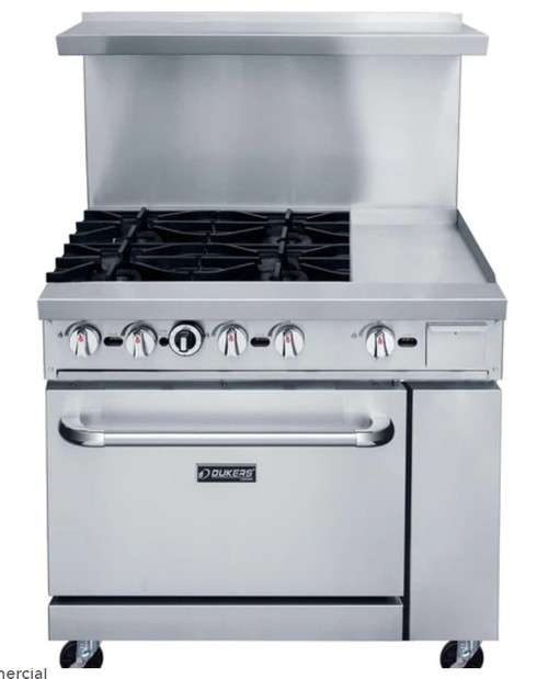 Dukers 36" Gas Range with Four (4) Open Burners & 12" Griddle DCR36-4B12GM