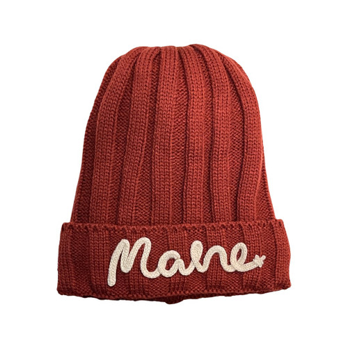 Knit Hat with Maine Writing, Maroon