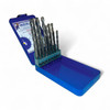 14-piece Bad Dog multipurpose drill bit set in open blue metal case with labeled size index