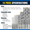 14 piece drill bit set specifications.