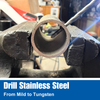 Drilling into stainless steel pipe secured in vise with Bad Dog bit