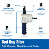 Bad Dog Biter sheet material cutter with labeled features including steerable head, dual cutting heads, and hex shank for drill mounting Bad Dog Biter sheet material cutter with labeled features including steerable head, dual cutting heads, and hex shank for drill mounting