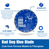 Blue Blade toothless saw blade diagram highlighting features and cutting materials