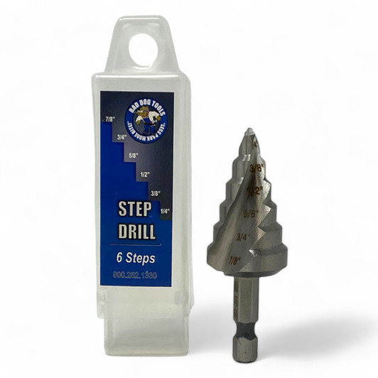 Step drill bit for sheet metal – 6 step sizes from 1/8" to 7/8" in labeled plastic case Step drill bit for sheet metal – 6 step sizes from 1/8" to 7/8" in labeled plastic case