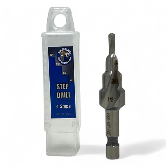 Bad Dog 4-step drill bit with packaging for sheet material drilling Bad Dog 4-step drill bit with packaging for sheet material drilling