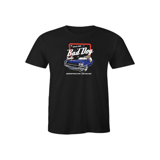 Black t-shirt with retro Bad Dog Tools blue car graphic Black t-shirt with retro Bad Dog Tools blue car graphic