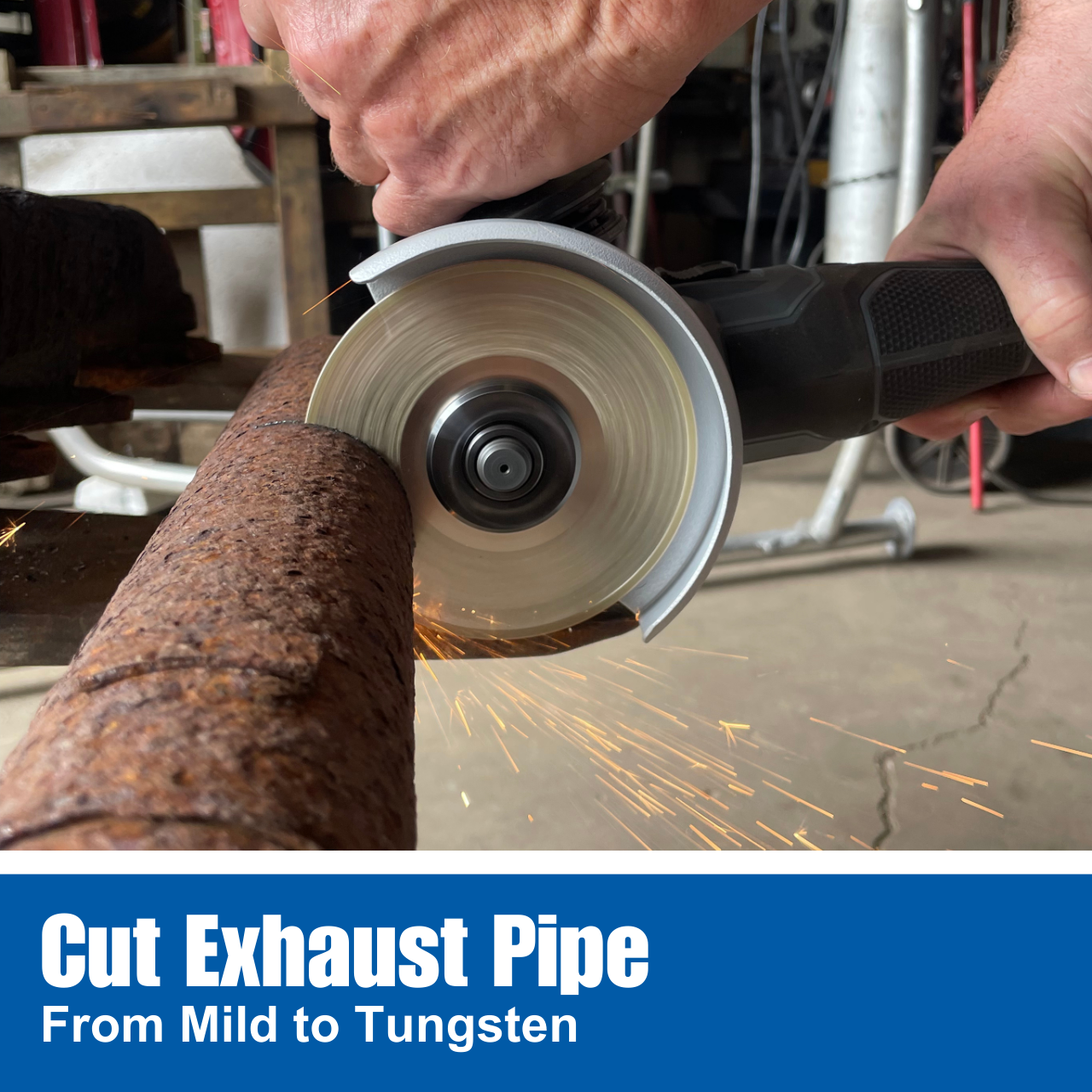Cutting rusted exhaust pipe with 4.5-inch HDII diamond grinding wheel