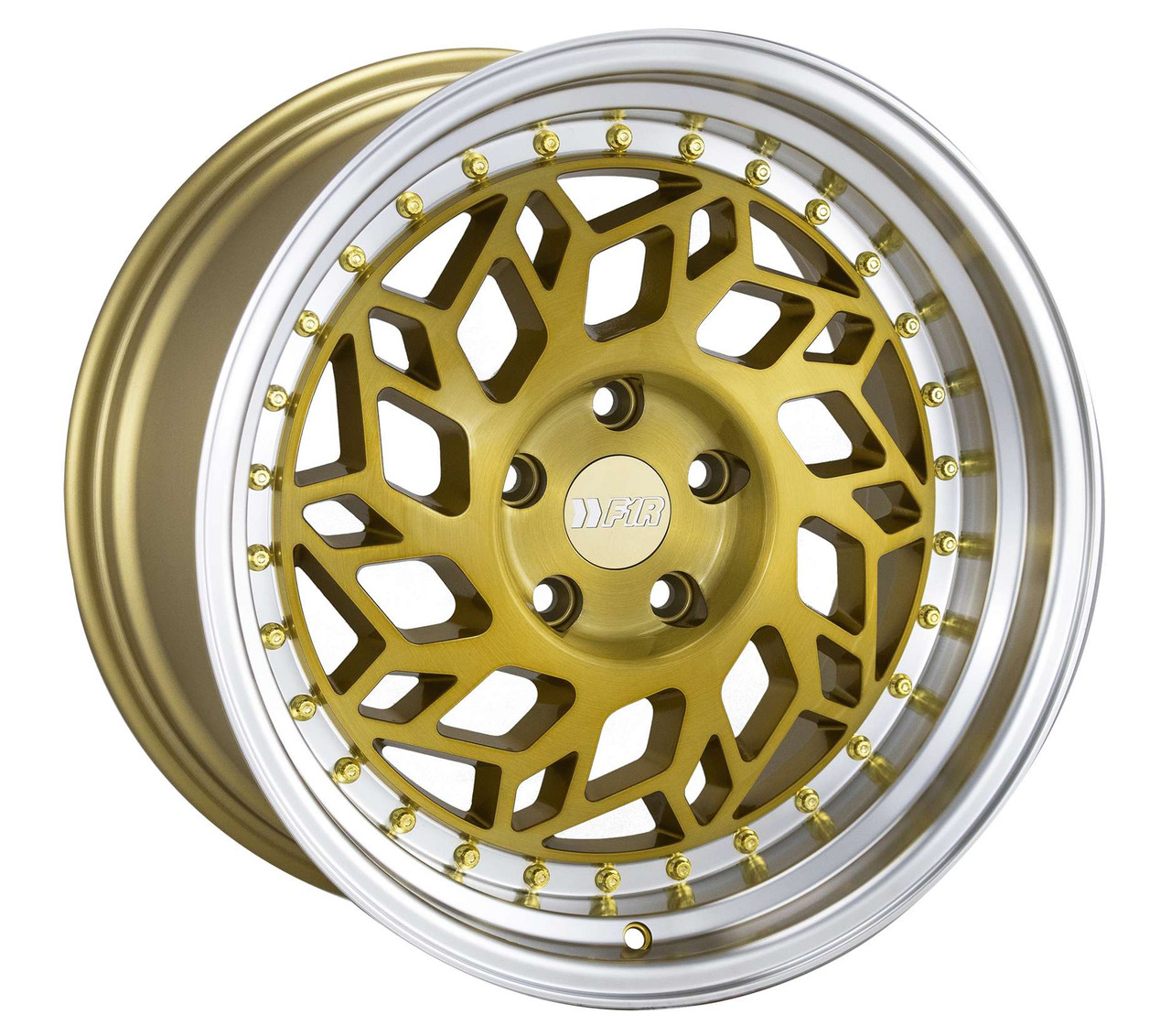 F1R R32 Wheels Rims 18x8.5 5x4.5 (5x114.3) Brushed Gold Polish Lip