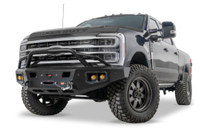 Warn WARN Ascent HD front bumper for Ford F250 - F600 featuring a pre-runner style grille guard and integrated winch mount that will accept large or mid-frame winches up to 18,000 lbs in capacity | BCSQ 110631