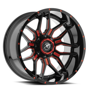 Xf Off-Road Xf-222 Wheels Rims 20x12 Blank Custom Drilled Gloss Black & Red Milled -44mm | XF-22220125X6XBL-44GBRM
