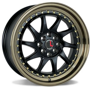 Traklite Turbo Wheels Rims 17x8 5x100 5x114.3 Gloss Black W/ Bronze Lip And Gold Rivets 35mm | TLTUR-982-202