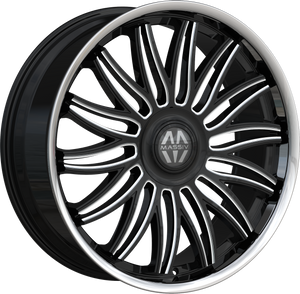 Massiv 928 Wheels Rims 22x9 5x114.3 5x127 Black Milled W/ Stainless Lip And Floating Cap 30mm | MAS928-22955BMW-FC