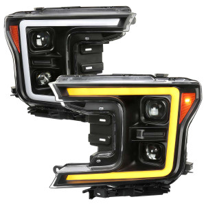 Spec-D Matte Black Projector Headlight with Clear Lens and Amber Light Bar | SPE 4LHP-F15018JM-SQ-RS