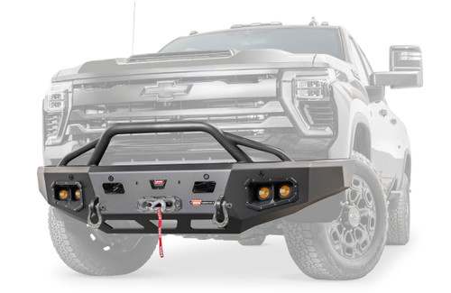 Warn WARN Ascent HD front bumper for Chevrolet Silverado 2500HD and 3500HD featuring a pre-runner style grille guard and integrated winch mount that will accept large or mid-frame winches up to 18,000 lbs in capacity | BCSQ 110914