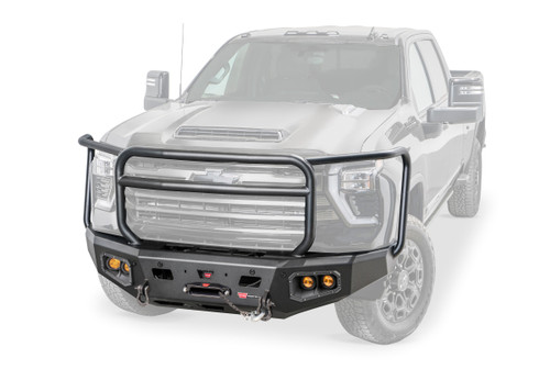 Warn WARN Ascent HD front bumper for Chevrolet Silverado 2500HD and 3500HD featuring a pre-runner style grille guard and integrated winch mount that will accept large or mid-frame winches up to 18,000 lbs in capacity | BCSQ 110913