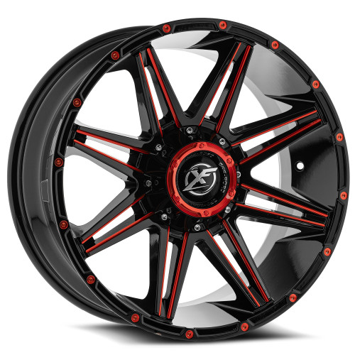 Xf Off-Road Xf-220 Wheels Rims 22x12 Blank Custom Drilled Gloss Black & Red Milled -44mm | XF-22022125X6XBL-44GBRM