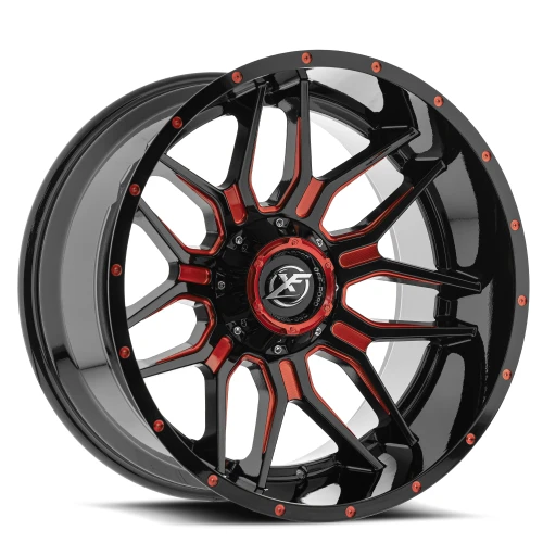 Xf Off-Road Xf-222 Wheels Rims 20x12 Blank Custom Drilled Gloss Black & Red Milled -44mm | XF-22220125X6XBL-44GBRM