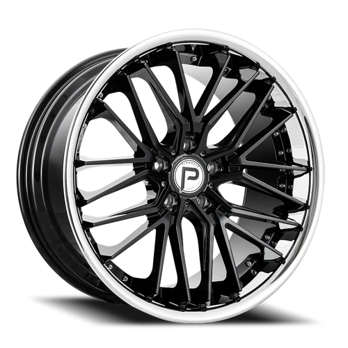 Pinnacle Legacy P214 Wheels Rims 20x8.5 5x112 Gloss Black w/ Stainless Lip 35mm | P21420855112-35GBS