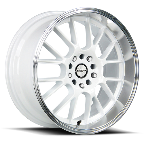 DOORBUSTER PRICING! - Shift H28 Crank Wheel 18x8.5 5x114.3 & 5x120 White w/ Polished Lip 30mm - FREE T-SHIRT INCLUDED! | H28850130WP