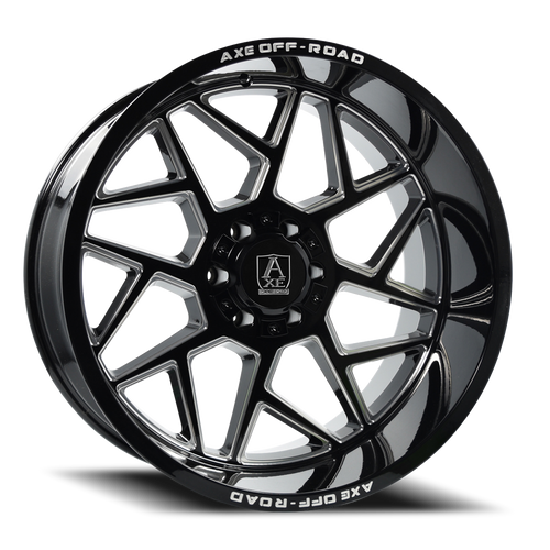 DOORBUSTER PRICING! - Axe Nemesis Wheel 26x12 8x165.1 Gloss Black Milled -44mm - MINIMUM PURCHASE OF 4 WHEELS - FREE T-SHIRT INCLUDED! | 26128165-44NEMBM