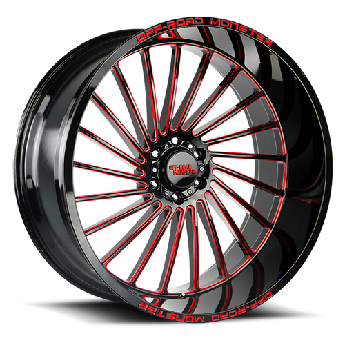 DOORBUSTER PRICING! - Off Road Monster M27 M27 Wheel 26x12 5x127 Gloss Black w/ Candy Red Milling -44mm - MINIMUM PURCHASE OF 4 WHEELS - FREE T-SHIRT INCLUDED! | M27612527N44GBMLR