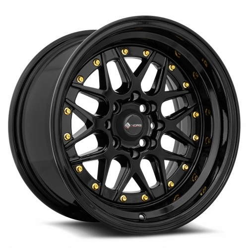 Vors Vr7 Wheels Rims 15x8 4x108 Black W/ Gold Rivets 0mm | VR0715808H0BK-408