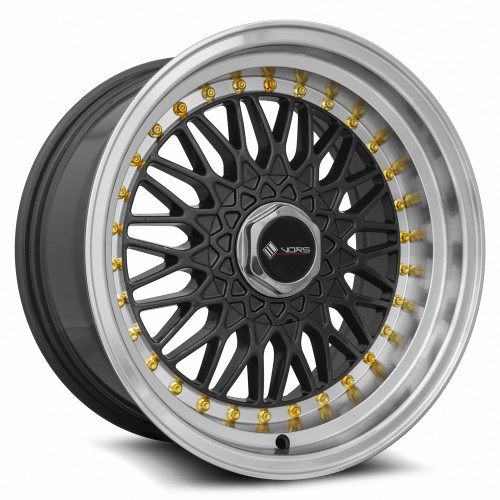 Vors Vr3 Wheels Rims 15x8 4x100 4x114.3 Gunmetal W/ Machine Lip & Gold Rivets 20mm | VR0315808H20GM