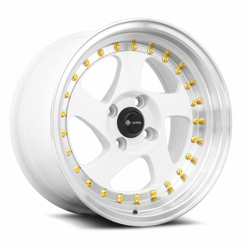 Vors Vr2 Wheels Rims 15x8 4x100 White W/ Machined Lip & Gold Rivets 20mm | VR02158040020W