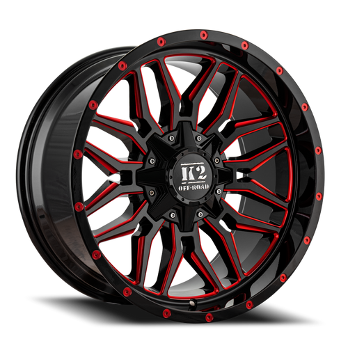 K2 Rage K16 Wheel 20x10 6x135 & 6x139.7 Black w/ Red Milling -12mm | K162010655135-12RML