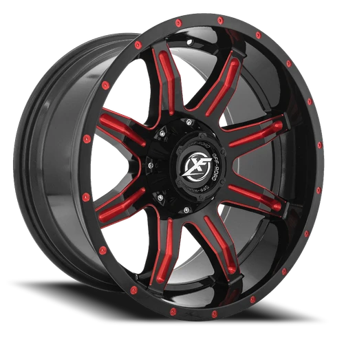 DOORBUSTER PRICING! - Xf Off-Road Xf-215 Wheel 24x12 5x139.7 & 5x150 Gloss Black & Red Milled -44mm - MINIMUM PURCHASE OF 4 WHEELS | XF-215241251397150-44GBMLR