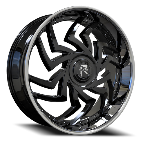 Revenge Rl107 Wheel 24x9 5x115 & 5x120 Gloss Black w/ Stainless Lip 15mm - FREE T-SHIRT INCLUDED! | RL107-24905115120+15BSSL-FCAP