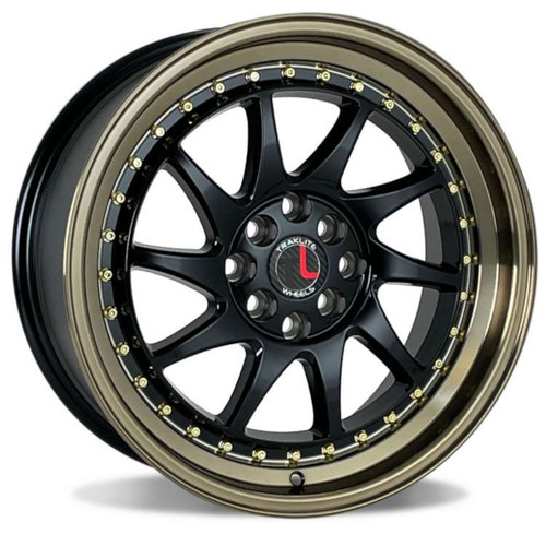 Traklite Turbo Wheels Rims 18x8.5 5x100 5x114.3 Gloss Black W/ Bronze Lip And Gold Rivets 35mm | TLTUR-982-112
