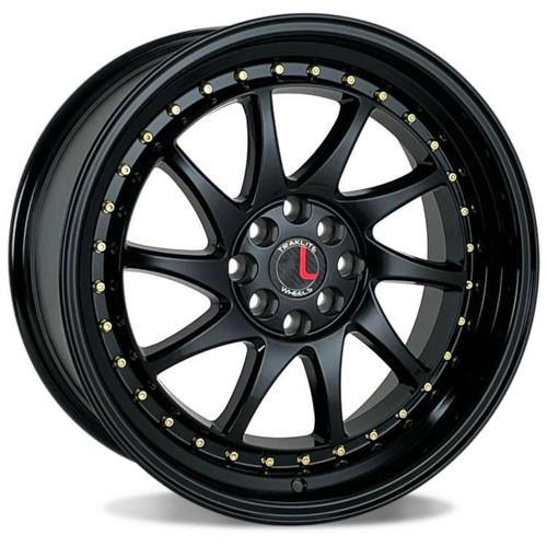 Traklite Turbo Wheels Rims 17x8 4x100 4x114 Gloss Black W/ Gold Rivets 35mm | TLTUR-982-201