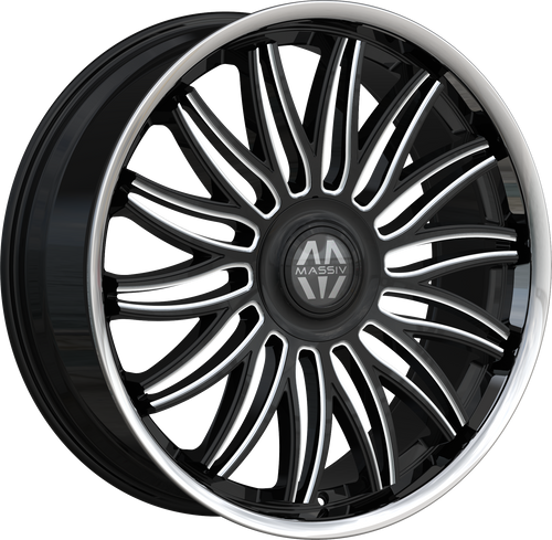 Massiv 928 Wheels Rims 24x9 5x114.3 5x120 Black Milled W/ Stainless Lip And Floating Cap 30mm | MAS928-24913BMW-FC
