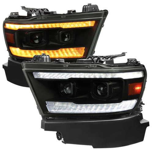 Spec-D Smoked Projector Headlights w/ Sequential Turn Signal, Amber Reflector & Black Housing | SPE 2LHP-RAM1915SM-SQ-RS