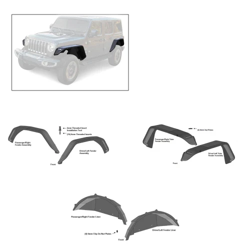 Black Horse Off Road Full Set Tubular Fender Flares & Inner Fender Flares Liners - Front & Rear | GDRD TFFJ-FS