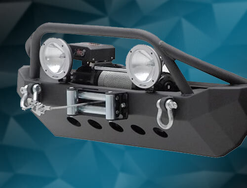 Isolated Bumper and Grill Guard with Lights, Tow Hook, and Winch on a Jeep