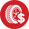 tire and wheel with dollar sign representing item replacement