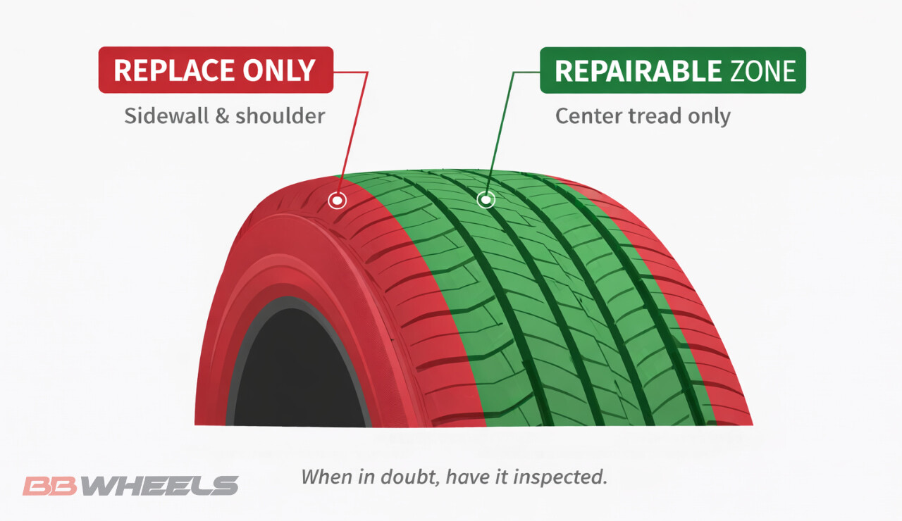Diagram showing tire repairable tread area vs non-repairable shoulder and sidewall zones