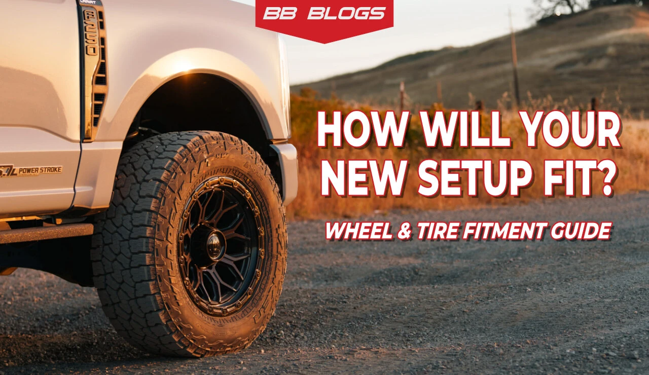Truck with aftermarket wheels and tires for a wheel and tire fitment guide