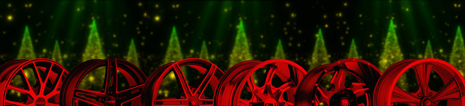 Blurred holiday tree background with various wheels in the foreground | BB Wheels Christmas Deals Banner