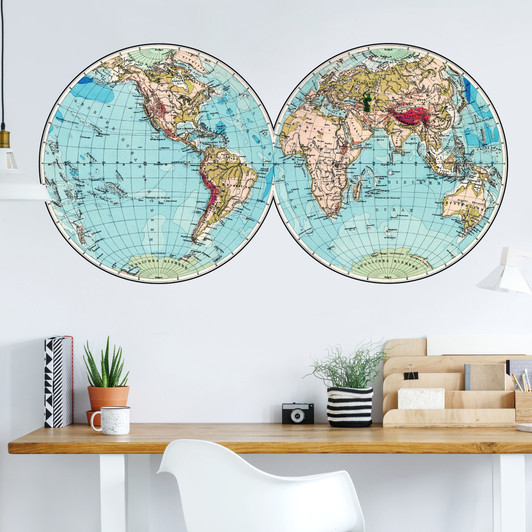 Double Hemisphere Vintage World Map Decal Mural