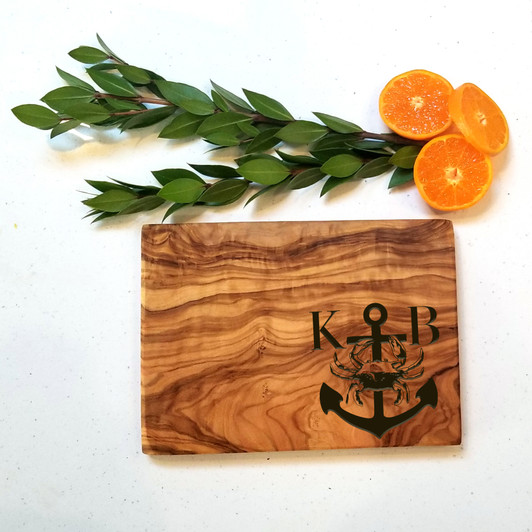Nautical monogrammed cheeseboard in olive wood