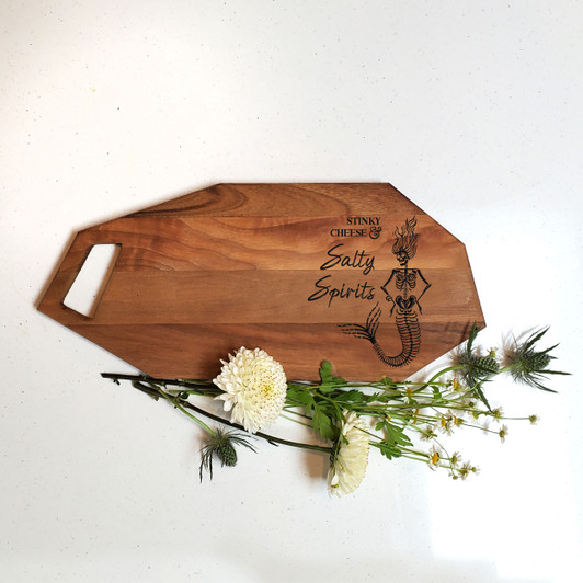 Skeleton mermaid charcuterie board in walnut wood