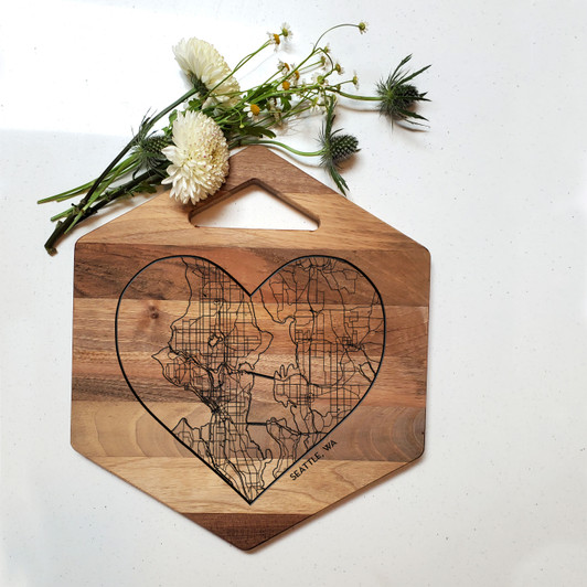 Heart framed city map charcuterie board in olive wood
