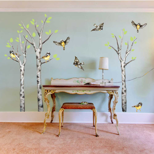 Birds and Birch Trees Watercolor Peel and Stick Wall Decal Sticker Kit