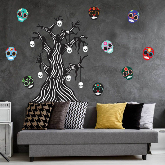 Twisted Bone Tree & Sugar Skull Halloween Wall Decal Sticker Bundle