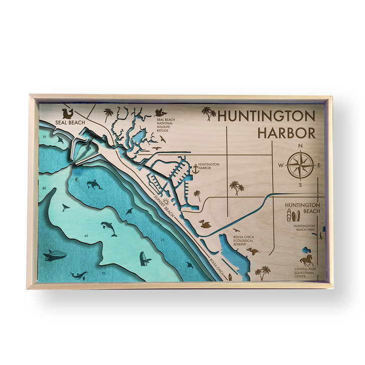 Huntington Harbor Topographic Wooden Map Preview in Room