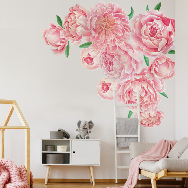 Extra Large Peony Peel and Stick Watercolor Wall Decal in Room